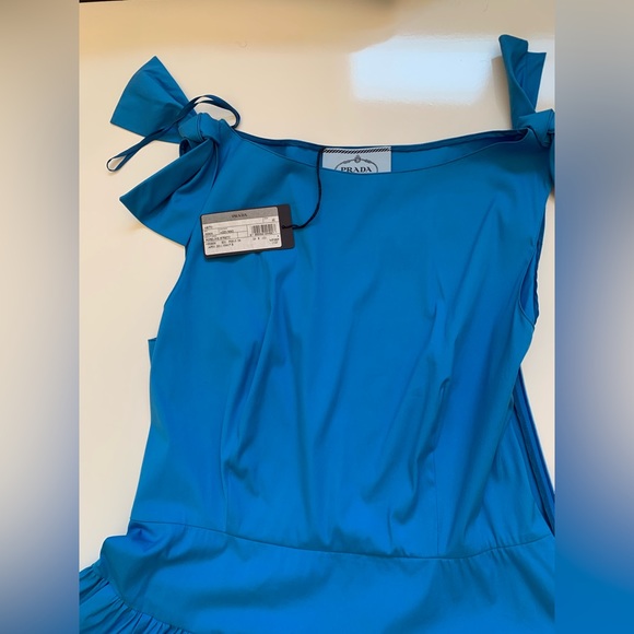 PRADA‎ Azure Blue Cotton Poplin Boatneck Smocked Drop Waist A-Line Dress 46 NWT - Picture 4 of 8